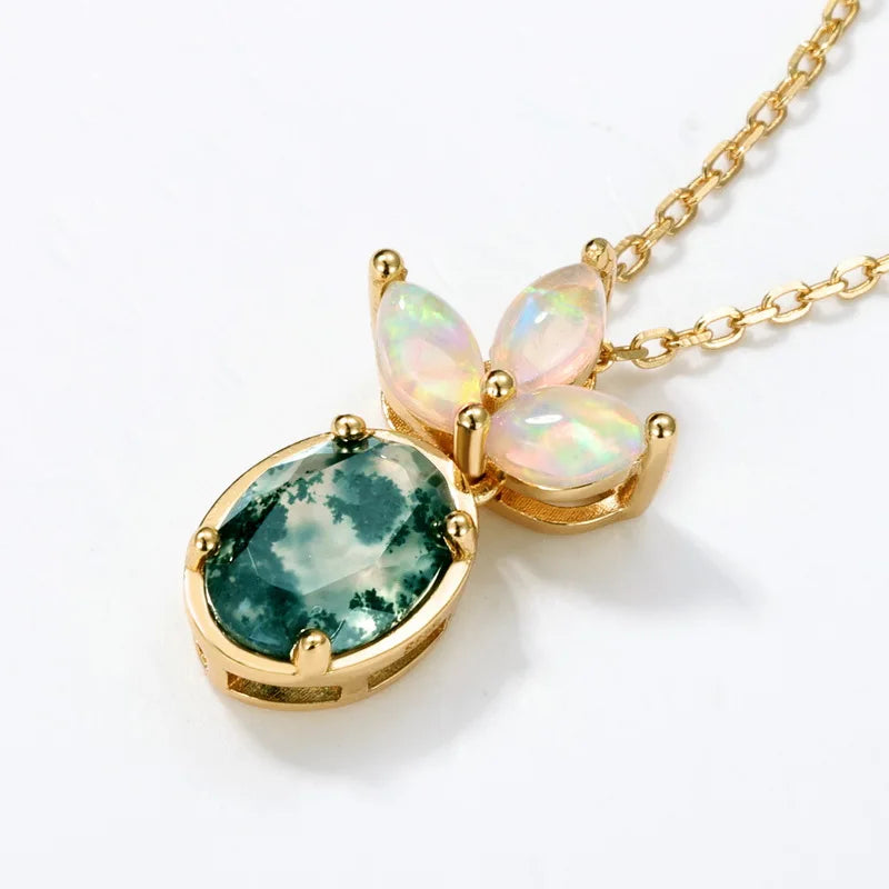 Oval Moss Agate Opal Pendant Necklace — oval-cut natural moss agate with opal accent in gold-plated sterling silver, view 3 of 5