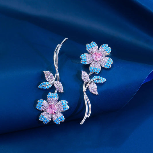 Classy CZ Pink Heart Earrings Turquoise Flower Rhodium Plated Cubic Zircon Dangle Drop Earrings for Women Brides Wedding Jewelry