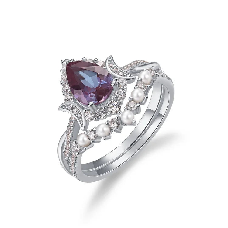 Crescent Moon Alexandrite Bridal Ring Set — pear-cut lab-created alexandrite two-ring set in rhodium-plated sterling silver, view 2 of 6
