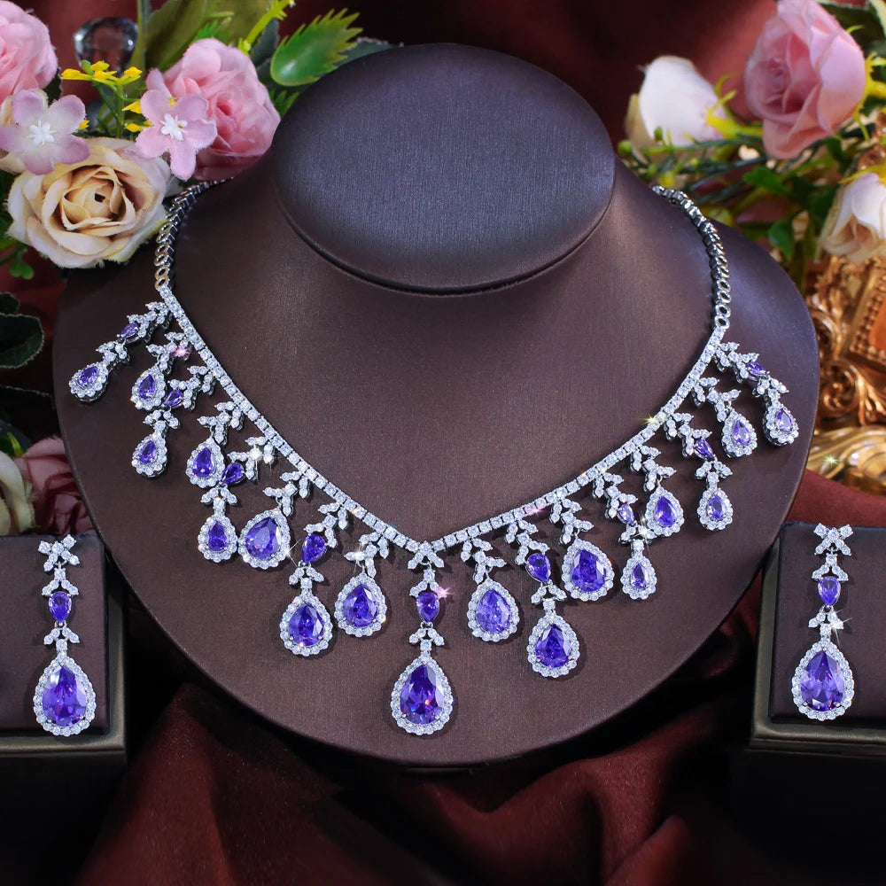 Gorgeous Long Tassel Necklace and Earrings CZ Zirconia Wedding Bridal Party Engagement Luxury Big Purple Jewelry Set for Women