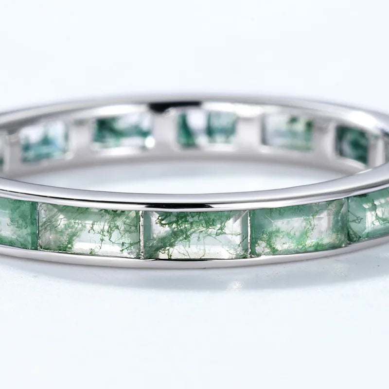 Moss Agate Eternity Band Ring — channel-set baguette-cut natural green moss agate in sterling silver, view 4 of 6