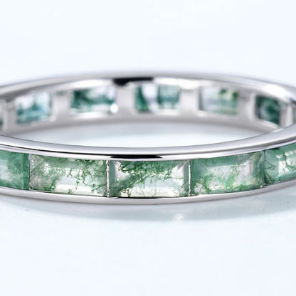 Moss Agate Eternity Band Ring — channel-set baguette-cut natural green moss agate in sterling silver, view 4 of 6