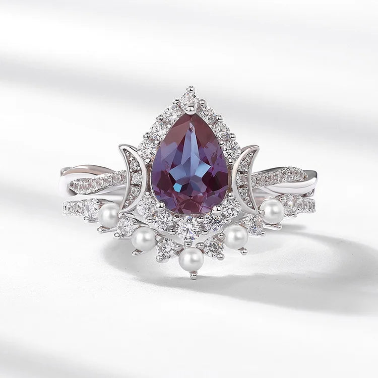 Crescent Moon Alexandrite Bridal Ring Set — pear-cut lab-created alexandrite two-ring set in rhodium-plated sterling silver, view 3 of 6
