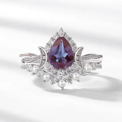 Crescent Moon Alexandrite Bridal Ring Set — pear-cut lab-created alexandrite two-ring set in rhodium-plated sterling silver, view 3 of 6