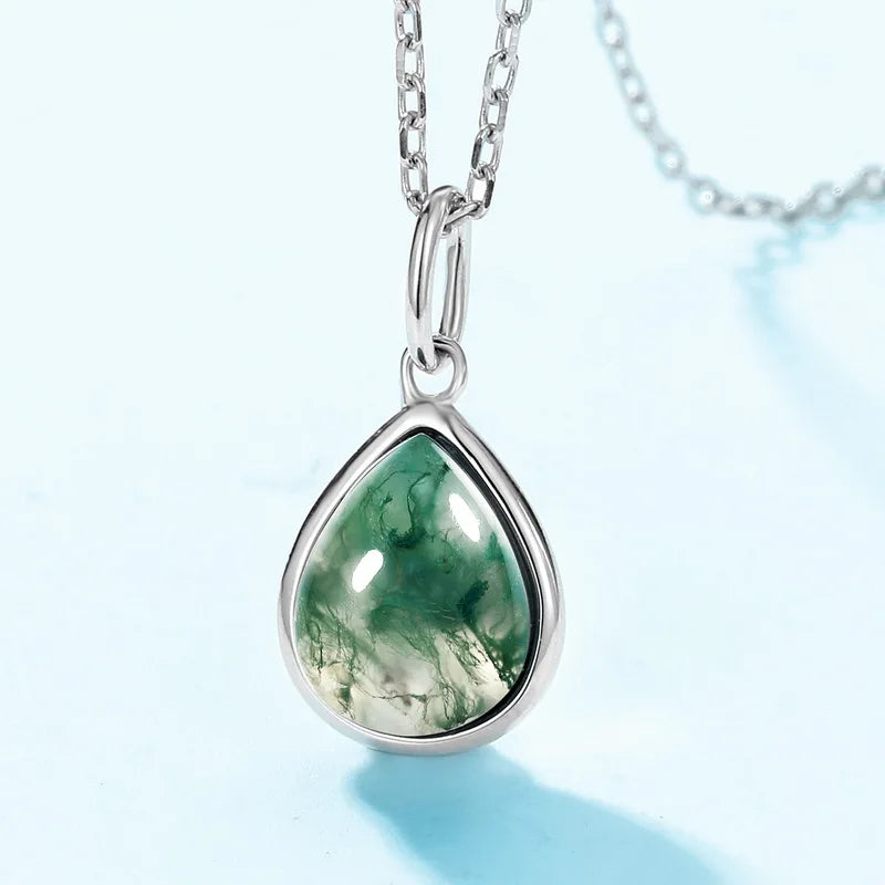 Teardrop Moss Agate Pendant Necklace — pear-cut natural moss agate teardrop in rhodium-plated sterling silver, view 4 of 6