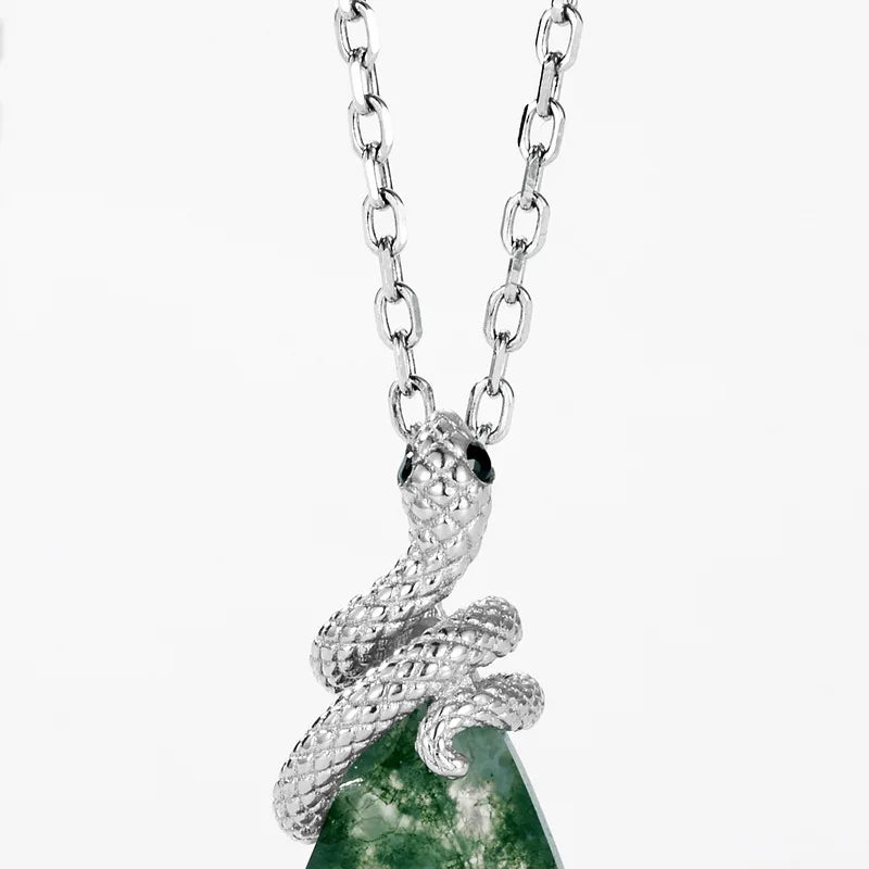 Serpent Kite Moss Agate Pendant Necklace — kite-cut natural green moss agate serpent pendant in rhodium-plated sterling silver, view 4 of 6
