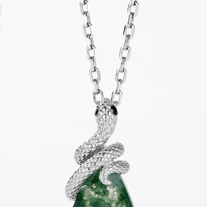Serpent Kite Moss Agate Pendant Necklace — kite-cut natural green moss agate serpent pendant in rhodium-plated sterling silver, view 4 of 6
