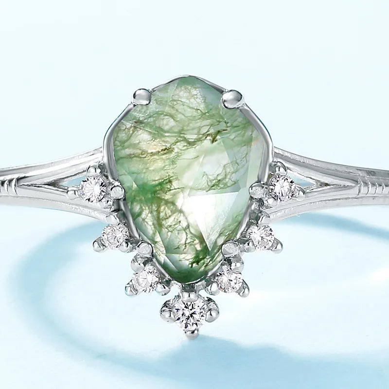 Cabochon Moss Agate Adjustable Ring — cabochon natural moss agate adjustable ring in rhodium-plated sterling silver, view 3 of 4