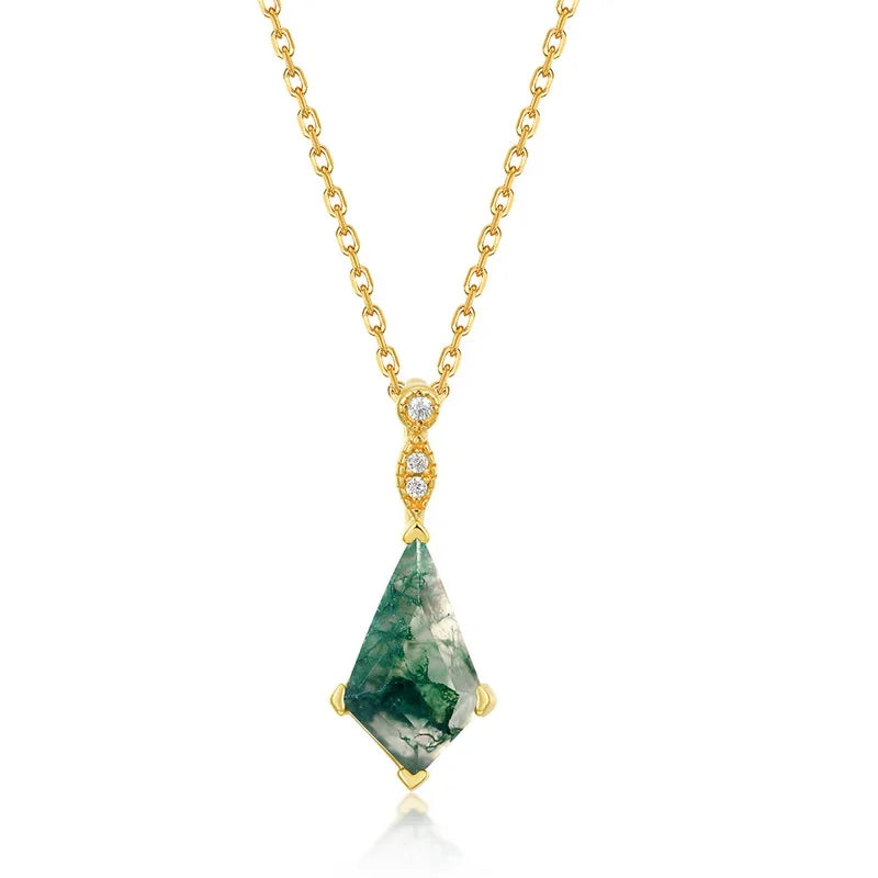 Faceted Kite Moss Agate Gold Necklace — faceted kite-cut natural moss agate in 10K gold-plated sterling silver