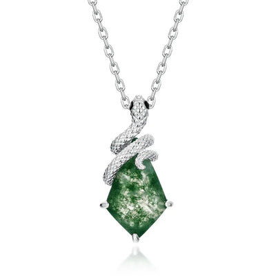 Serpent Kite Moss Agate Pendant Necklace — kite-cut natural green moss agate serpent pendant in rhodium-plated sterling silver