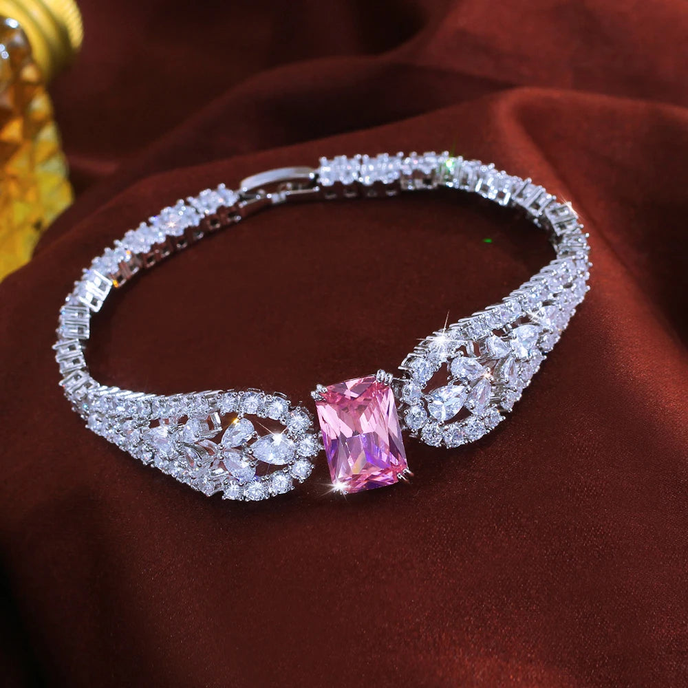 Trendy Rhodium Plated Cubic Zirconia Bracelet CZ Pink Baguette Shaped Crystal Drop Bracelet for Women Brides Wedding Jewelry