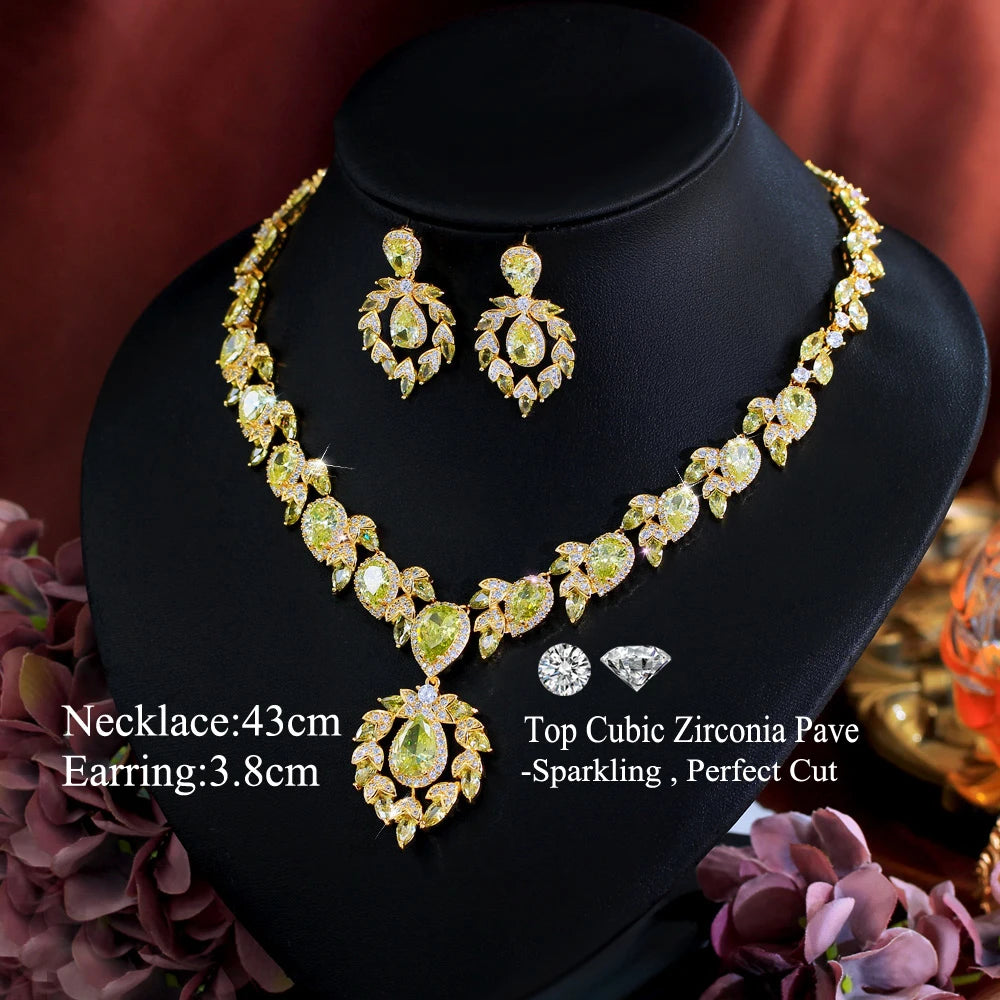 Glamorous Super Luxury Gold Plated Olive Yellow Cubic Zirconia Jewelry Set for Women Engagement Wedding Banquet Party