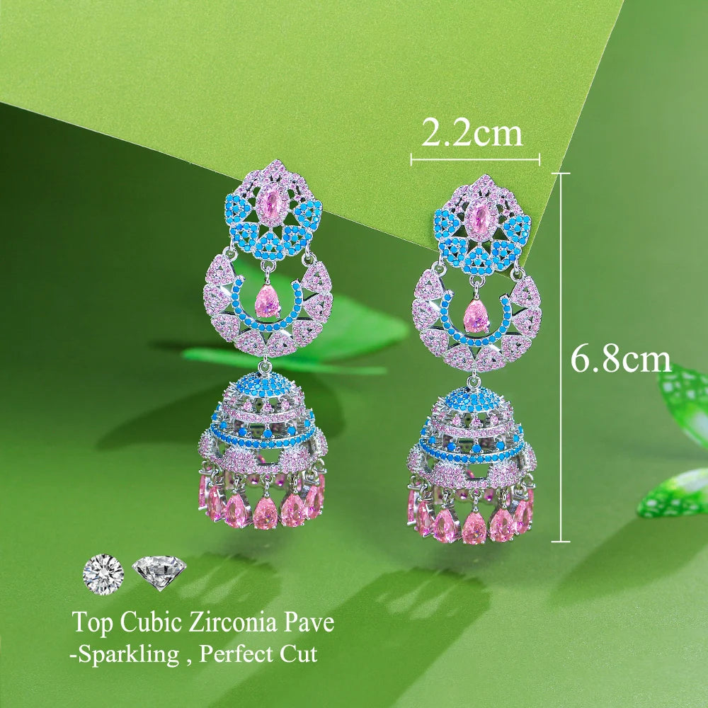 Shiny Pink Blue Jewelry Cubic Zirconia Synthetic Turquoise Long Bell Shape Dangle Drop Earrings for Women Wedding Party Jewelry