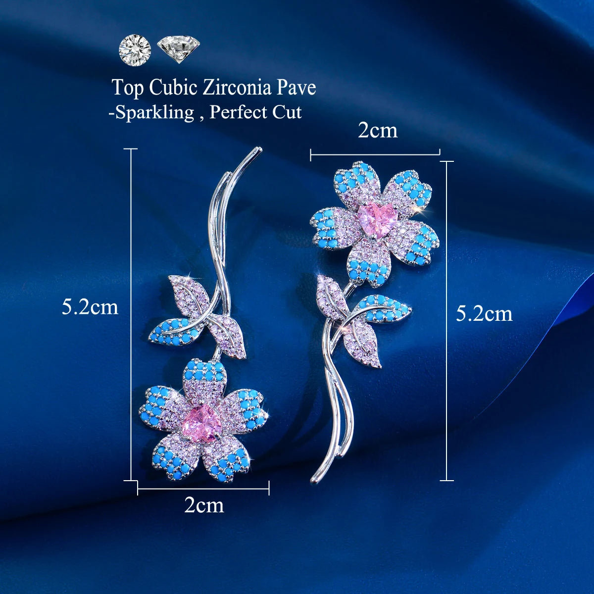 Classy CZ Pink Heart Earrings Turquoise Flower Rhodium Plated Cubic Zircon Dangle Drop Earrings for Women Brides Wedding Jewelry