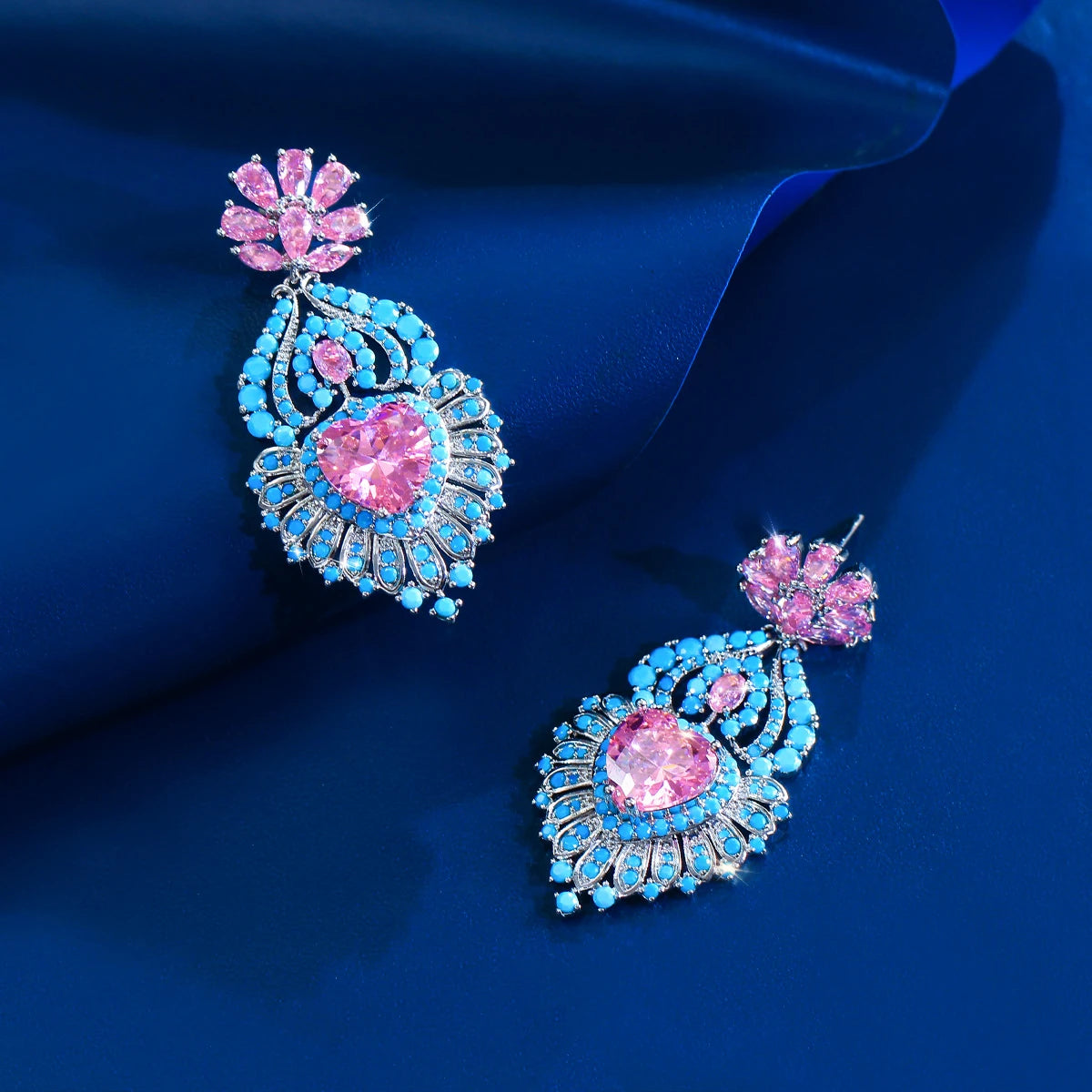 Elegant Turquoise Round Cubic Zirconia Earrings Pink Drop Heart Dangle Earrings for Lover Brides Rhodium Plated CZ Jewelry Gift