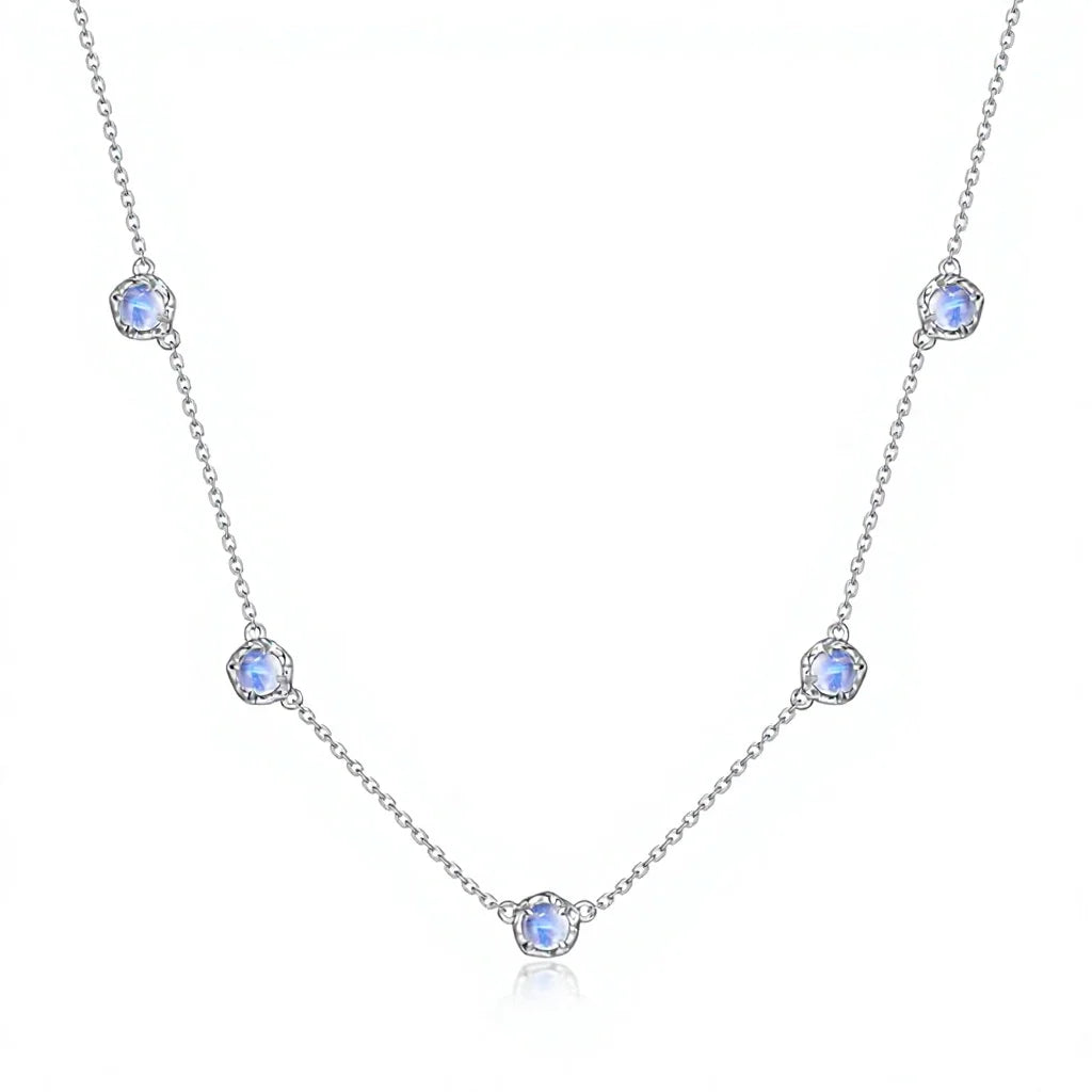 Blue Moonlight Moonstone Charm Necklace — round brilliant-cut moonstone charm in rhodium-plated sterling silver