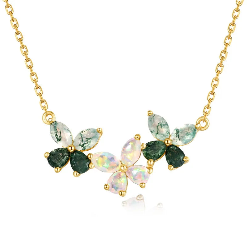 Trio Butterfly Moss Agate Opal Necklace — marquise-cut natural moss agate and opal butterfly pendant in gold-plated sterling silver