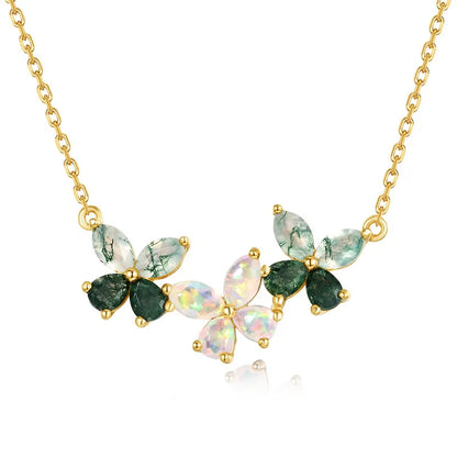 Trio Butterfly Moss Agate Opal Necklace — marquise-cut natural moss agate and opal butterfly pendant in gold-plated sterling silver