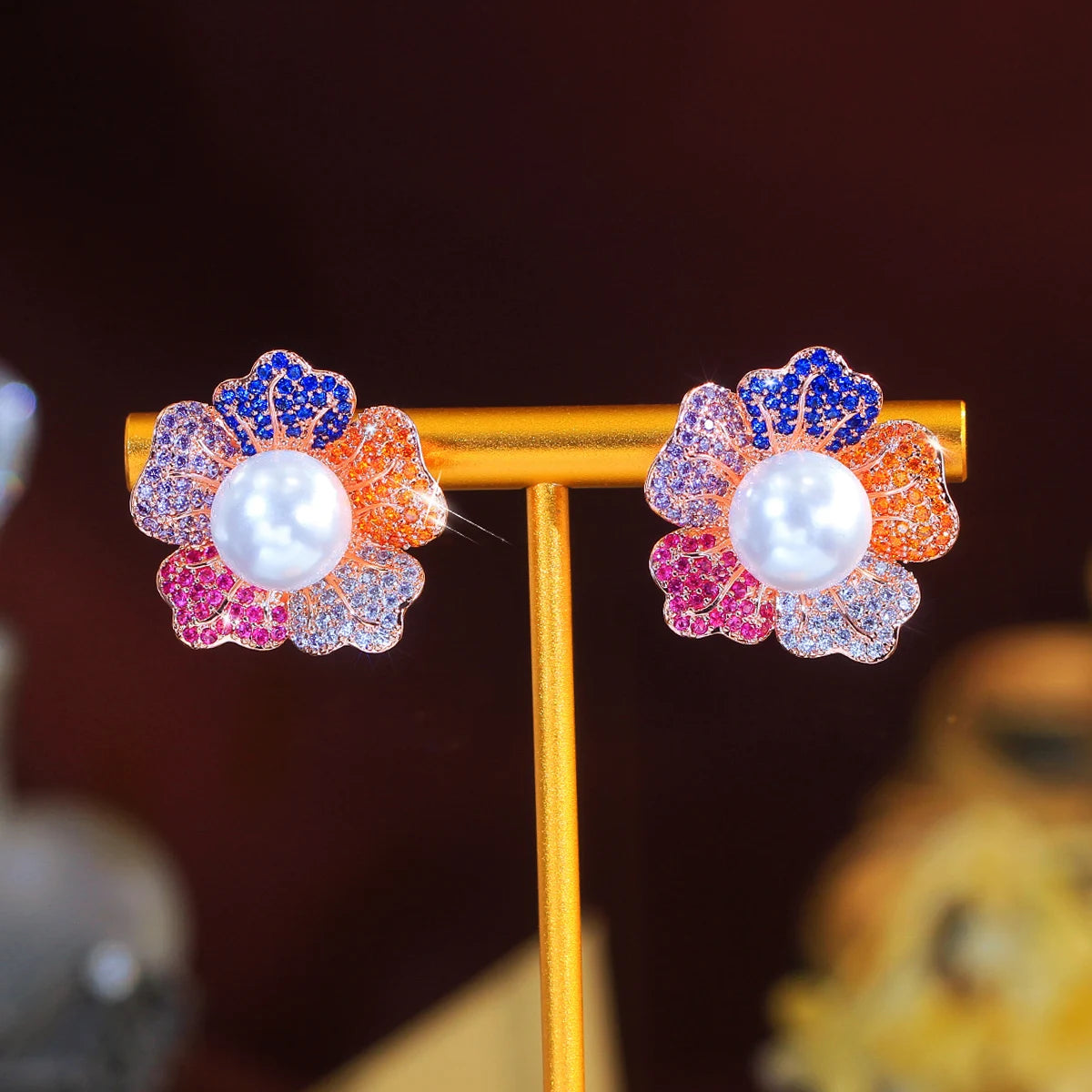 Cute Multicolored CZ Stud Earrings Cubic Zircon Flower Pearl Stud Earrings for Women Party Jewelry With Rose Gold Plated Jewelry