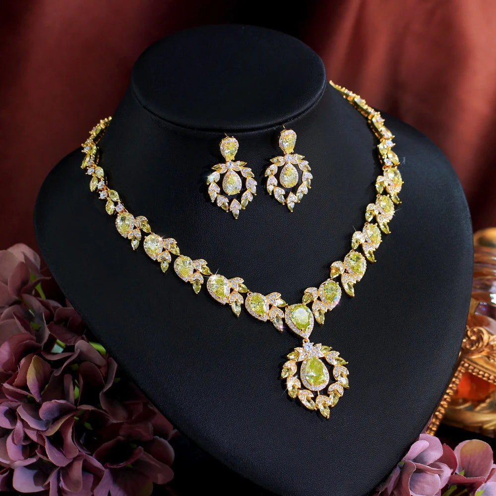 Glamorous Super Luxury Gold Plated Olive Yellow Cubic Zirconia Jewelry Set for Women Engagement Wedding Banquet Party