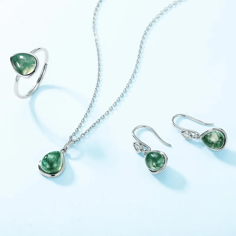 Teardrop Moss Agate Pendant Necklace — pear-cut natural moss agate teardrop in rhodium-plated sterling silver, view 6 of 6