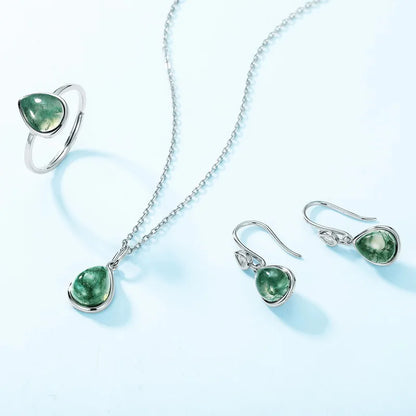 Teardrop Moss Agate Pendant Necklace — pear-cut natural moss agate teardrop in rhodium-plated sterling silver, view 6 of 6