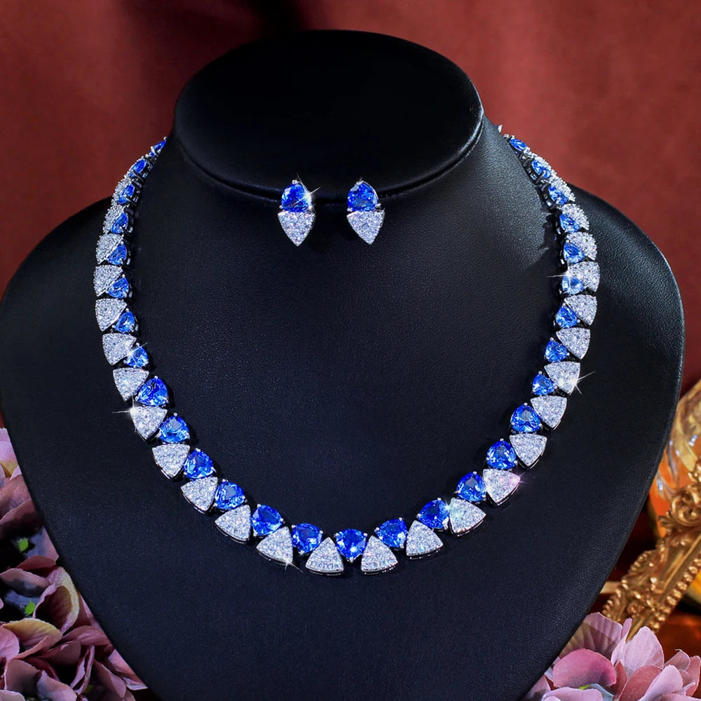 Luxury Unique Shiny Blue Synthetic Tanzanite Stone and White Zirconia Triangle Shape Bridal Wedding Party Jewelry Set for Women