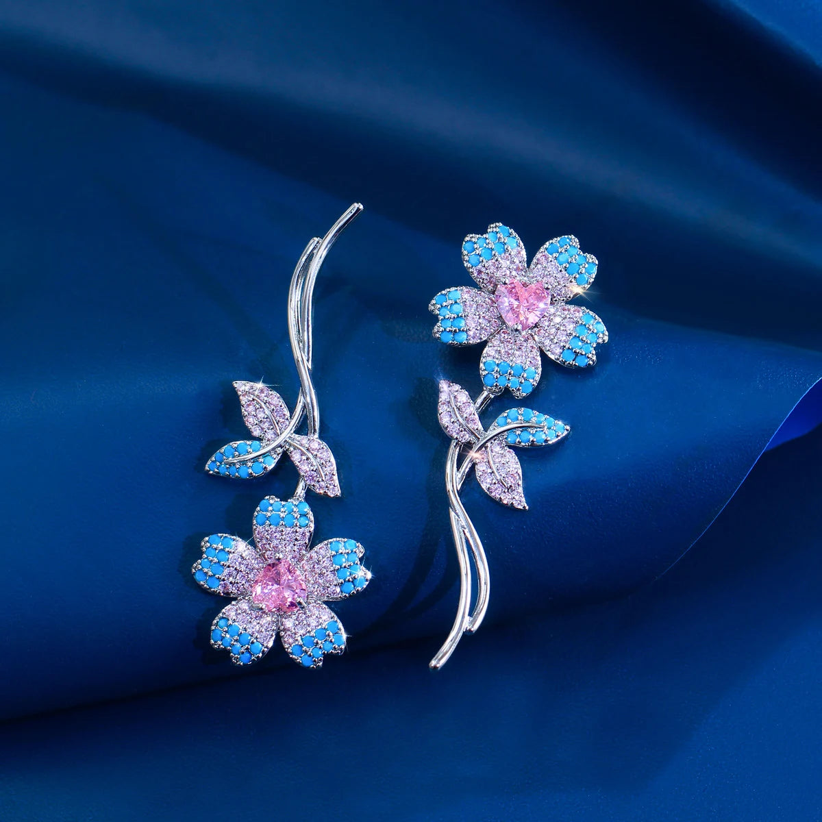 Classy CZ Pink Heart Earrings Turquoise Flower Rhodium Plated Cubic Zircon Dangle Drop Earrings for Women Brides Wedding Jewelry