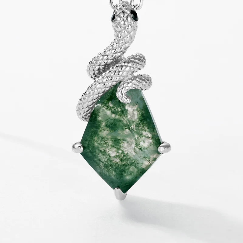 Serpent Kite Moss Agate Pendant Necklace — kite-cut natural green moss agate serpent pendant in rhodium-plated sterling silver, view 3 of 6