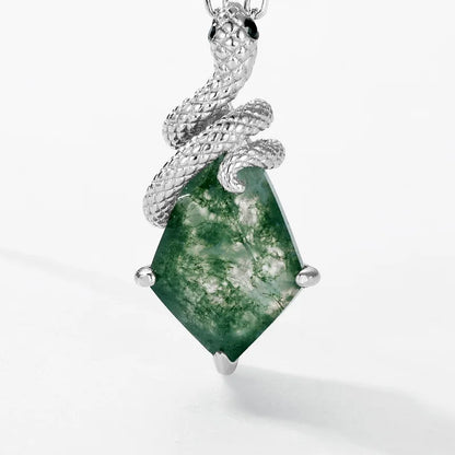 Serpent Kite Moss Agate Pendant Necklace — kite-cut natural green moss agate serpent pendant in rhodium-plated sterling silver, view 3 of 6
