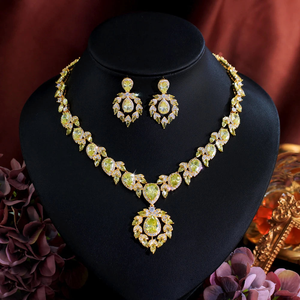 Glamorous Super Luxury Gold Plated Olive Yellow Cubic Zirconia Jewelry Set for Women Engagement Wedding Banquet Party