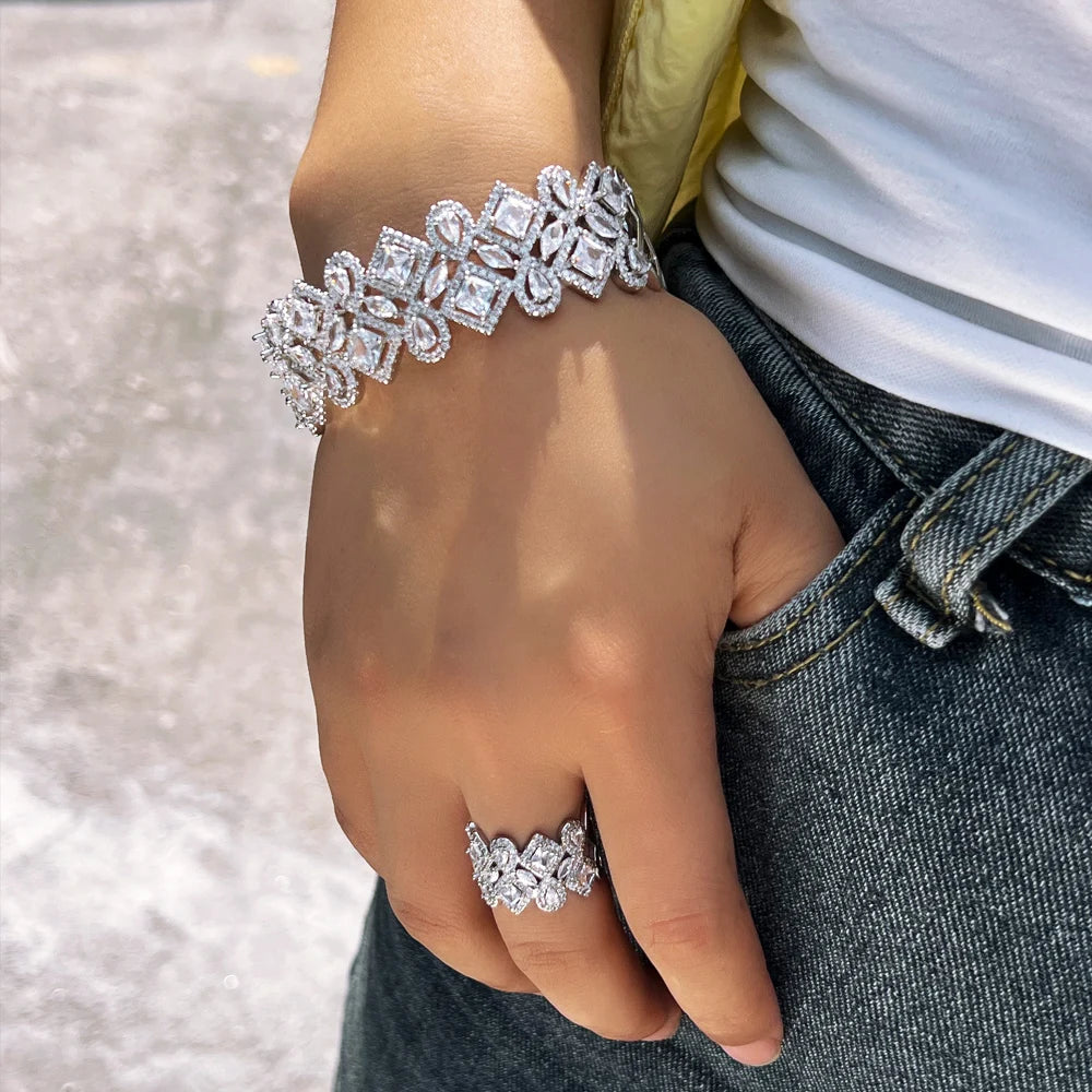 Shiny White Best Cubic Zirconia Jewellery Wedding Bridal Luxury Wide Bangle and Ring Jewelry Set for Women Engagement Accessory