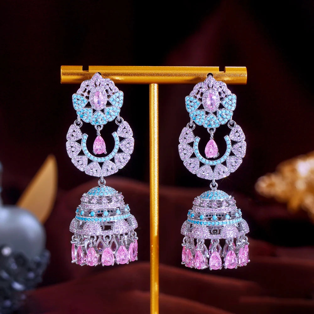Shiny Pink Blue Jewelry Cubic Zirconia Synthetic Turquoise Long Bell Shape Dangle Drop Earrings for Women Wedding Party Jewelry