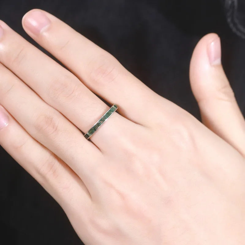 Moss Agate Eternity Band Ring — channel-set baguette-cut natural green moss agate in sterling silver, view 5 of 6