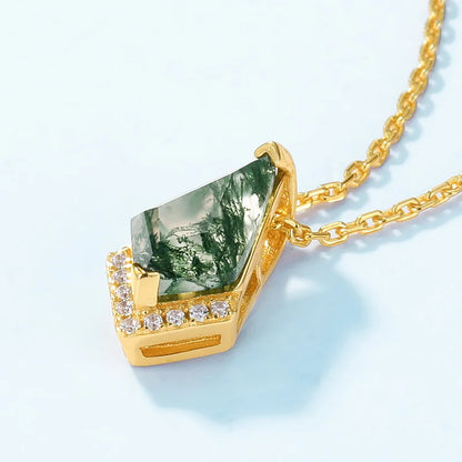 Woodland Kite Moss Agate Pendant Necklace — kite-cut natural green moss agate pendant in gold-plated sterling silver, view 4 of 6