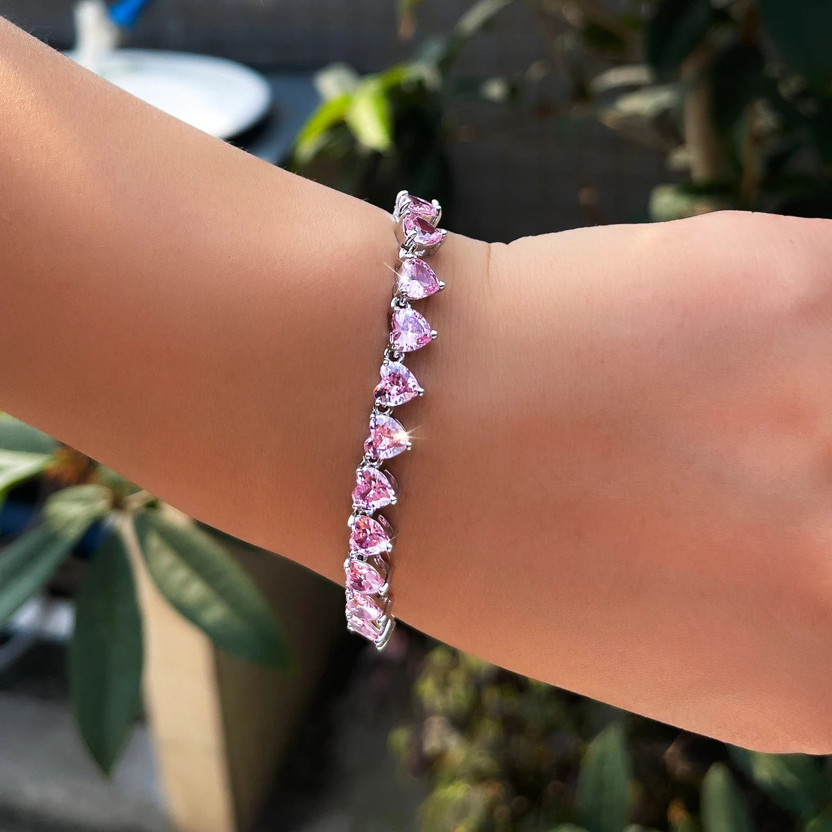 Rhodium Plated Pink CZ Tennis Chain Link Bracelet Zircon Love Heart Shaped Bracelet for Women Girl Party Fashion Beauty Gift