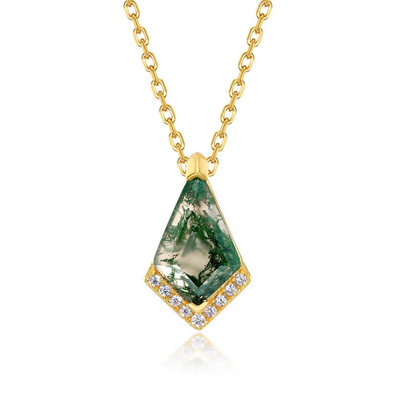 Woodland Kite Moss Agate Pendant Necklace — kite-cut natural green moss agate pendant in gold-plated sterling silver