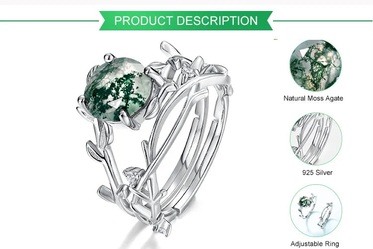 Twig Branch Moss Agate Adjustable Ring — round faceted natural moss agate twig ring in sterling silver, view 2 of 4