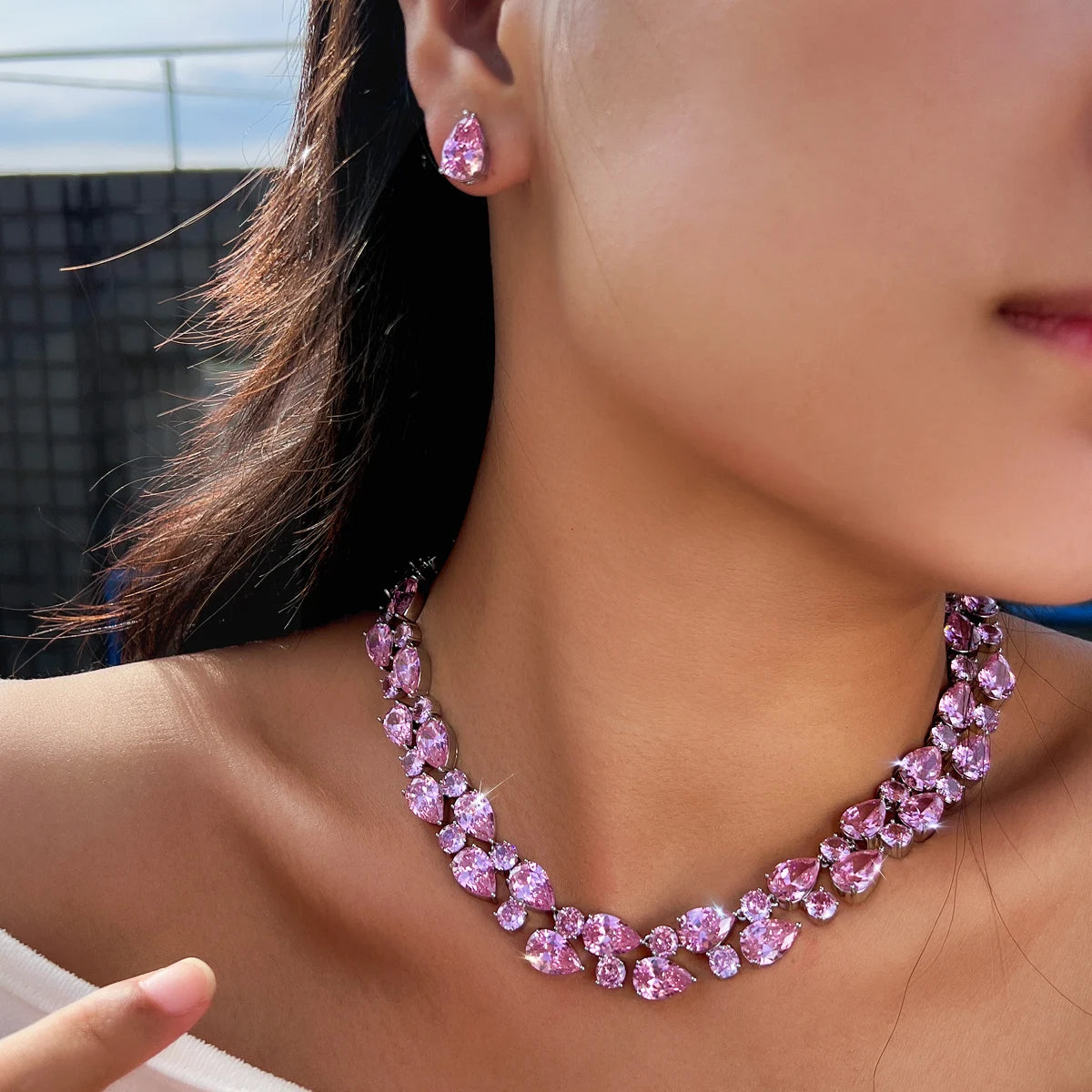 Lovely Rhodium Plated Necklace Stud Earrings Pink CZ Long Round Drop Necklace Stud Earrings for Women Brides Costume Jewelry
