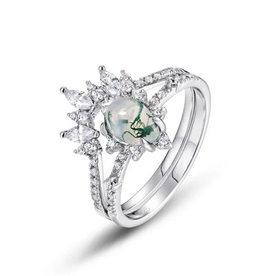 Water Drop Moss Agate Stacking Ring Set in rhodium-plated sterling silver - supplier product photo