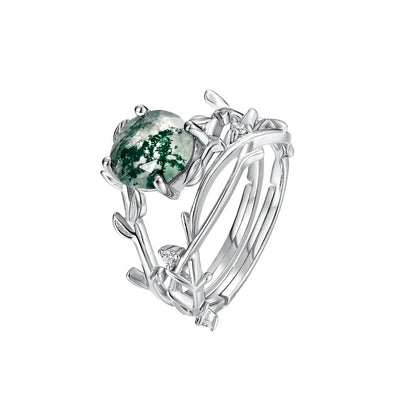 Twig Branch Moss Agate Adjustable Ring — round faceted natural moss agate twig ring in sterling silver