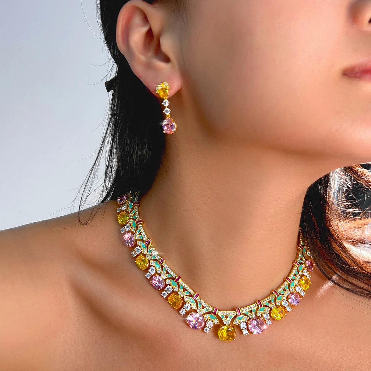 Trendy Necklace Earrings Yellow Pink CZ Oval Green Enamel Necklace Earrings for Women Party With Golden Plated Jewelry Set