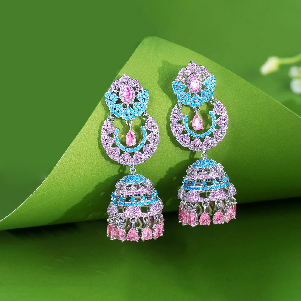 Shiny Pink Blue Jewelry Cubic Zirconia Synthetic Turquoise Long Bell Shape Dangle Drop Earrings for Women Wedding Party Jewelry