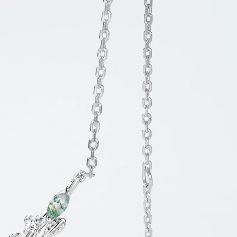 Vine Branch Moss Agate Teardrop Necklace — teardrop natural moss agate in sterling silver vine work, view 4 of 5