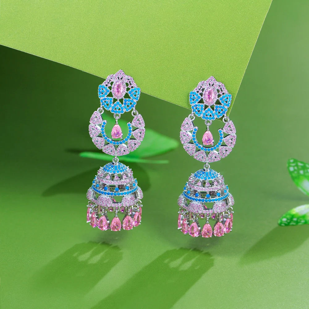 Shiny Pink Blue Jewelry Cubic Zirconia Synthetic Turquoise Long Bell Shape Dangle Drop Earrings for Women Wedding Party Jewelry