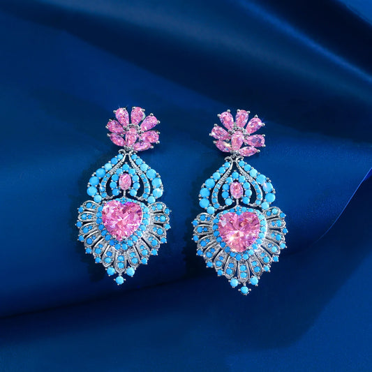 Elegant Turquoise Round Cubic Zirconia Earrings Pink Drop Heart Dangle Earrings for Lover Brides Rhodium Plated CZ Jewelry Gift