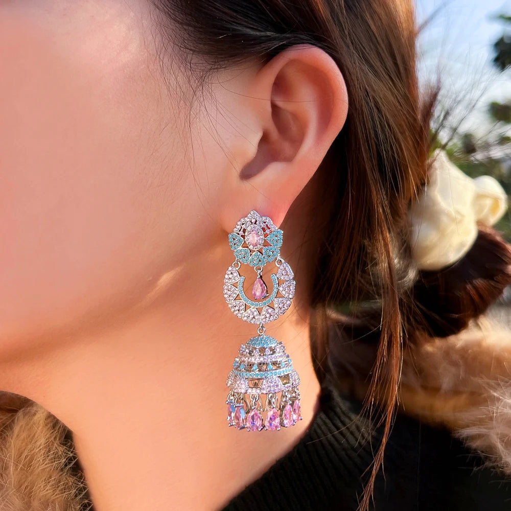 Shiny Pink Blue Jewelry Cubic Zirconia Synthetic Turquoise Long Bell Shape Dangle Drop Earrings for Women Wedding Party Jewelry