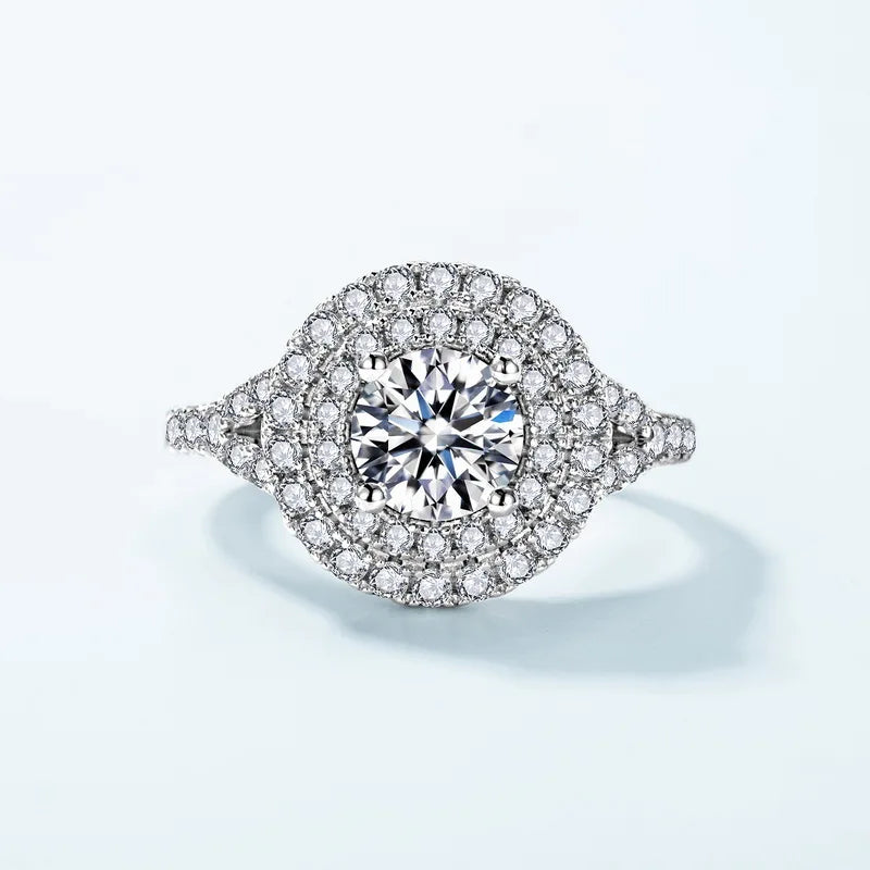 Double Halo Moissanite Engagement Ring — round brilliant moissanite double halo ring in rhodium-plated sterling silver, view 2 of 4