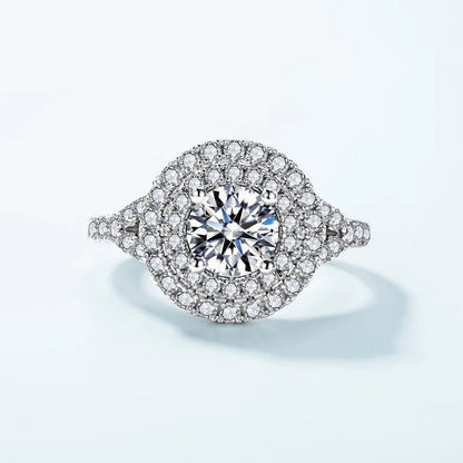 Double Halo Moissanite Engagement Ring — round brilliant moissanite double halo ring in rhodium-plated sterling silver, view 2 of 4