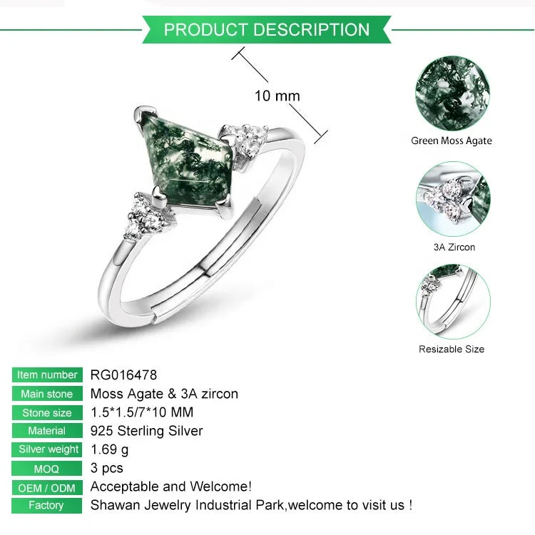 Dainty Silver Moss Agate Adjustable Ring — claw-set kite-cut green moss agate adjustable ring in sterling silver, view 2 of 5